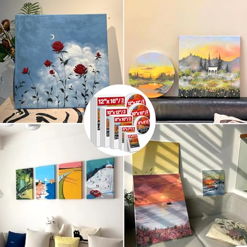 21 Packs Stretched Canvases for Painting, MultiSize 12x16, 10x12, 8x10, 5x7, 3x5, Round Canvas with 8x8,10x10,12x12, Primed Blank Canvas for Oil, ESRICH