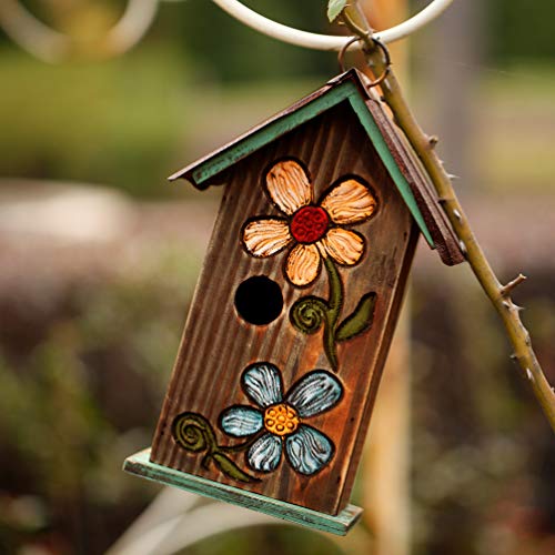 Topadorn Bird House Wooden Carved Floral Birdhouse with Hoop Hanging Birdhouse for Garden Yard Porch Decoration,11 Inch Topadorn
