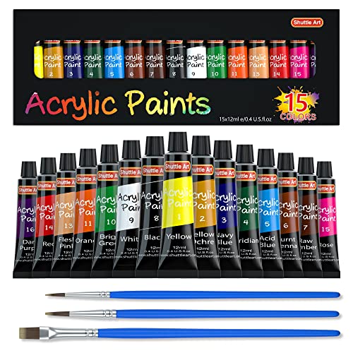 Shuttle Art Acrylic Paint Set, 15 x 12ml Tubes Artist Quality Non Toxic Rich Pigments Colors Perfect for Kids Adults Beginners Artists Painting on Shuttle Art