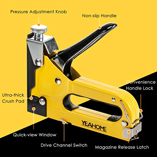 Upholstery 4 in 1 Staple Gun Heavy Duty, with 6000 Staples, Remover, Gloves, Manual Brad Nailer Power Adjustment Stapler Gun for Wood, Upholstery, YEAHOME