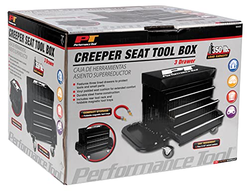 Performance Tool W85025 3-Drawer Rolling Tool Chest Seat With Magnetic Side Trays Performance Tool