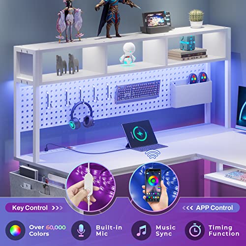 SEDETA White L Shaped Gaming Desk, Reversible Corner Desk with Power Outlet and Pegboard, L Shaped Desk with Hutch, Storage Shelf, Keyboard Tray, and SEDETA