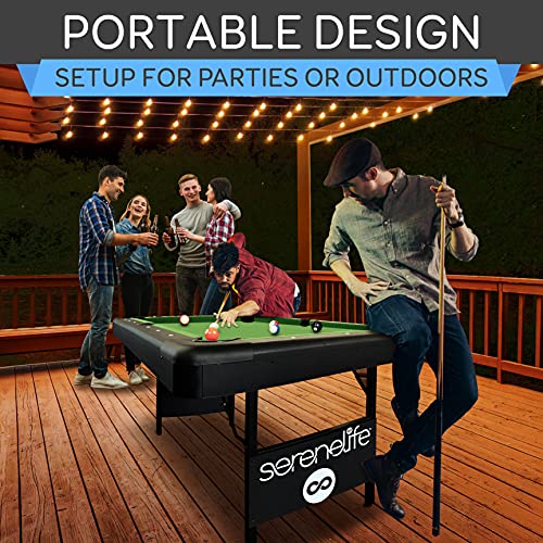 SereneLife 6-Ft Folding Pool Table - Portable Billiard Table - Includes 2X Cue Sticks, Full Set of Balls, Chalk, Brush - Foldable for Kids and Adults SereneLife