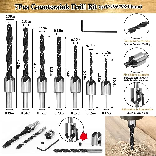 LAMPTOP 26-Pack Woodworking Chamfer Drilling Tools Including Countersink Drill Bits, 3-Pointed Countersink Drill Bit with L-Wrench, Wood Plug Cutter, LAMPTOP