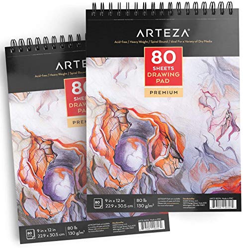 ARTEZA Drawing Pad 9 x 12 Inches, Pack of 2, 160 Sheets (80lb/130g), Spiral Bound Artist Drawing Books, 80 Sheets Each, Durable Acid Free Sketch ARTEZA