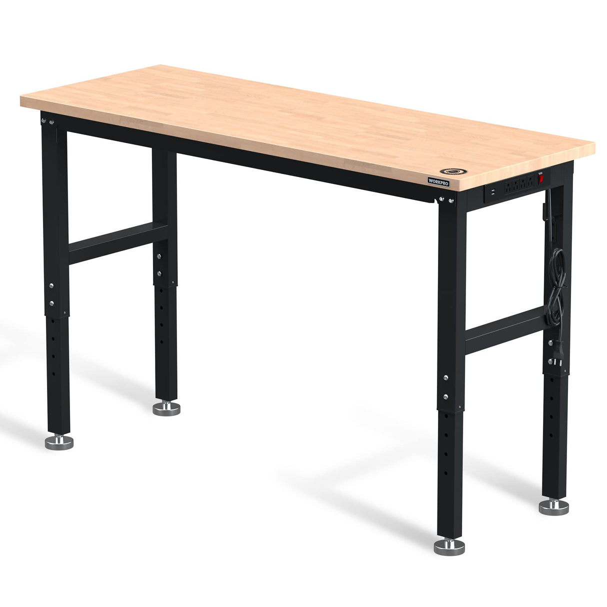 WORKPRO 60" Adjustable Workbench, Rubber Wood Top Heavy-Duty Workstation, 2000 LBS Load Capacity Hardwood Worktable with Power Outlets, for Workshop, WORKPRO