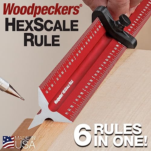 Woodpeckers Hexscale Rule, 12 Inch / 300MM, 6-in-1 Woodworking Ruler with Stop, Inch & MM Graduations, Zero Centering Scale, R2L & L2R Measuring Woodpeckers