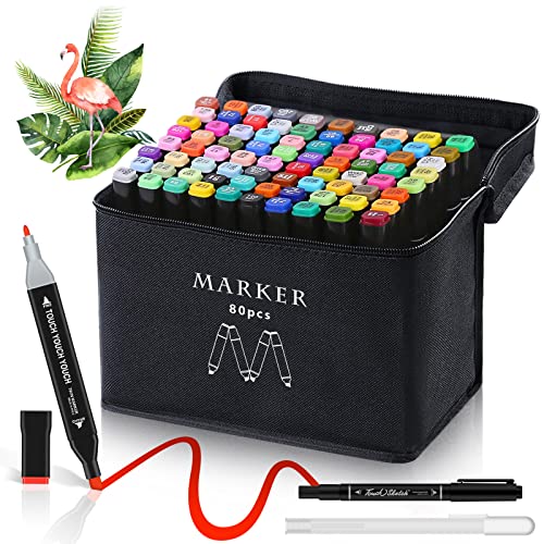 Alcohol Markers Set, 80 Colors Dual Tip Art Markers for Kids Adult Coloring Markers for Artists Drawing Paint Markers Brush Pen with Case