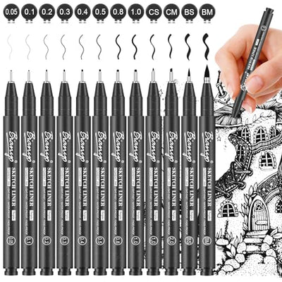 Bianyo Black Micro Pen Set - 12 Assorted Sizes Fine Line Drawing, Upgraded Pigment Ink, Bonus Pouch Bag, Water-Resistant Archival Pens for Artists,