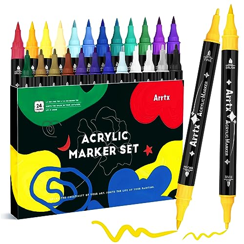 Arrtx 24 Colors Acrylic Marker, Brush Tip and Fine Tip (Dual Tip