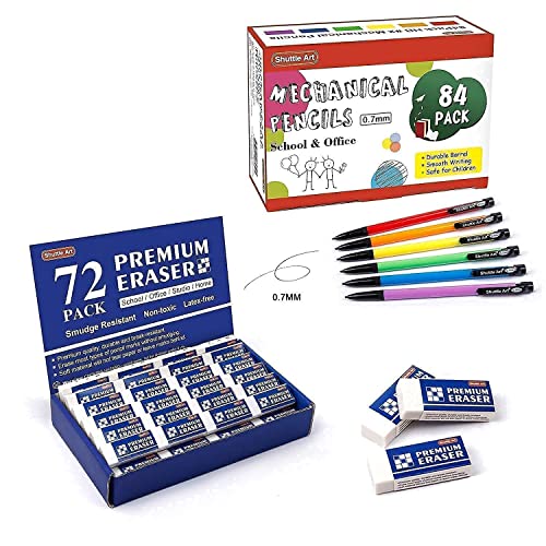 Shuttle Art Erasers and Mechanical Pencils Bundle, Set of 72 Pack Premium White Erasers Bulk + 84 Pack Bulk Mechanical Pencils Shuttle Art