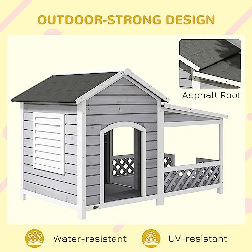 PawHut Wooden Dog House Outdoor with Porch, Cabin Style Raised Dog Shelter with Asphalt Roof, Doors, and Shutter Window, for Medium Large Sized Dog, PawHut