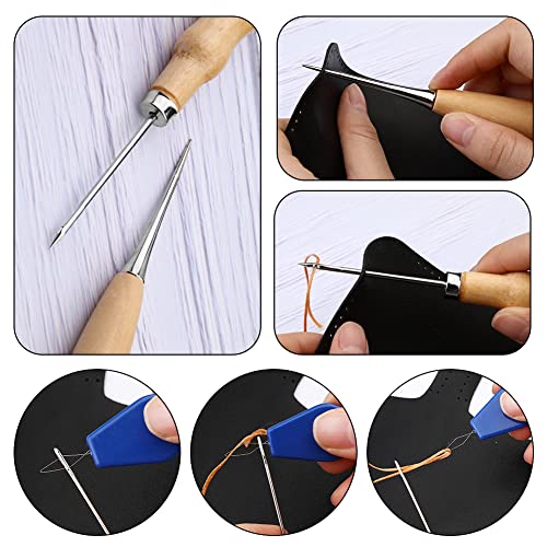 Yizzvb 46Pcs Leather Stitching Sewing Kit, Leather Sewing Tool Kit with 4mm Lacing Stitching Chisel, Waxed Thread and Large-Eye Stitching Needles for Yizzvb