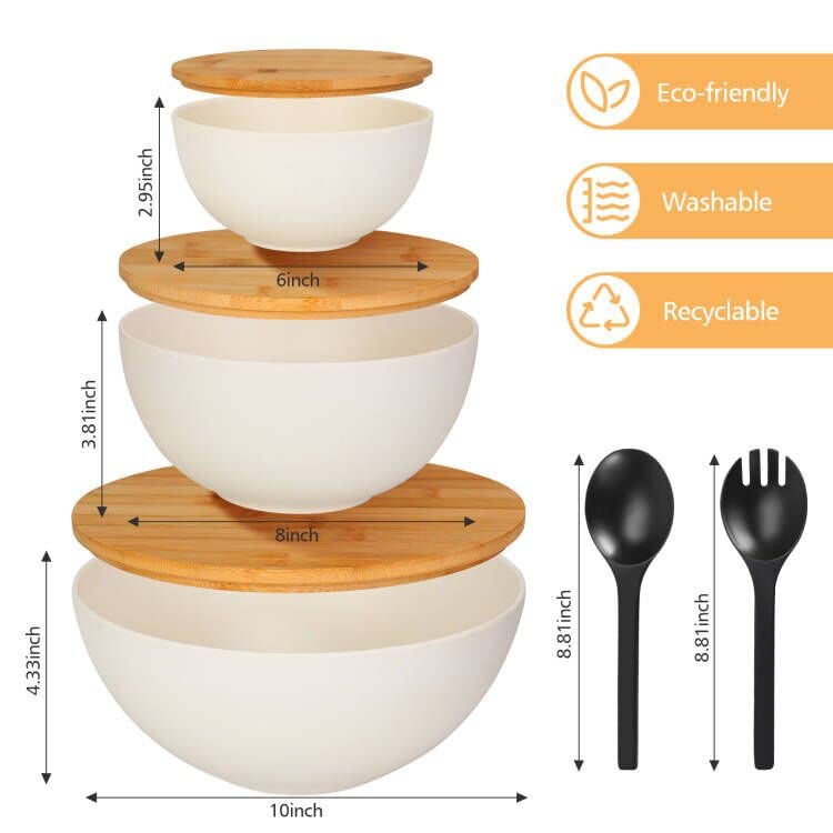 ShineMe Salad Bowl with Lid, Natural Bamboo Fiber Serving Bowls Set of 3 with Utensils & Lids, Mixing Bowls for Preparing, Storing and Serving for ShineMe