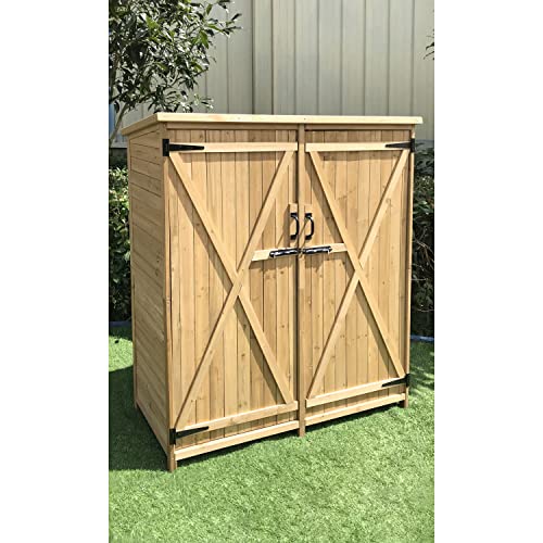 Hanover Outdoor Storage Shed, Double Door Wood Shed for Tools and Garden Supplies with Shelf and Locking Latch, 36 Cu.Ft. Capacity (4.4' x 5' x Hanover