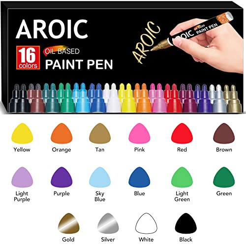 AROIC Paint Pens Paint Markers, 16 colors Oil-Based Waterproof Paint Marker Pen Set On Rock, Wood, Fabric, Metal, Plastic, Glass, Canvas, Mugs, AROIC