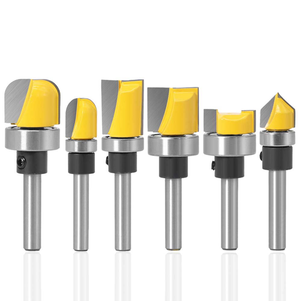 Yakamoz 6Pcs Assorted Edge 1/4 Inch Shank Treatment Grooving Router Bit Set with Bearings Hinge Mortising Flush Trim, Bowl and Tray & V Groove YAKAMOZ