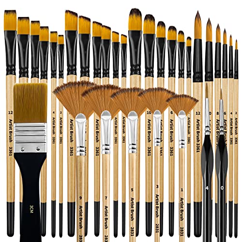 Bougimal 32 Pieces Paint Brush Set, Artist Series, Nylon Bristles with Round, Filbert, Flat, Fan, Angle, Fine Detail Brush, Suitable for Artists and Bougimal