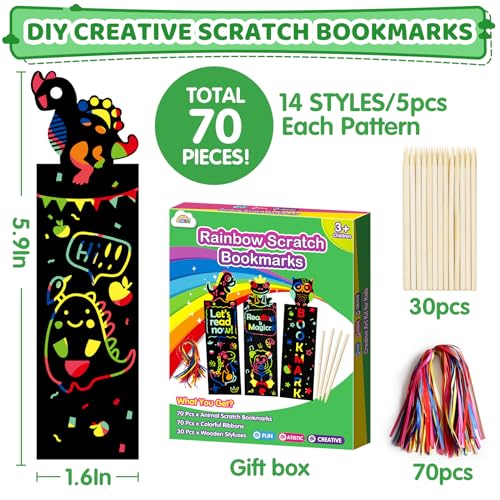 ZMLM Animal Scratch Bookmark for Kids: 70 Pcs 14 Style Magic Scratch Rainbow Bookmarks Making Kit for Girl Boy Party Favor Classroom Activity DIY ZMLM