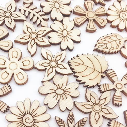 300 Pcs Wooden Embellishments Mixed Flower Leaf Pattern Wooden Scrapbooking DIY Handmade Crafts Children DIY Graffiti Home Decor YOLUFER
