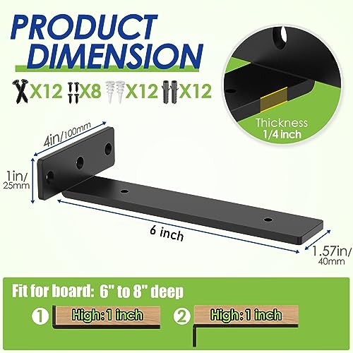 WENGUS Floating Shelf Bracket, 6 Inch Heavy Duty Hidden Shelf Brackets for Floating Wood Shelves, Black Metal L Bracket for DIY Kitchen Farmhouse Wengus
