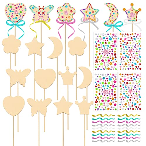 OPUHOHR 18 Sets Wood Fairy Wands Craft Project Kits, Princess Fairy Wands Kit with Gem Stickers, Ribbons Unfinished Wooden DIY Magical Wand, DIY OPUHOHR