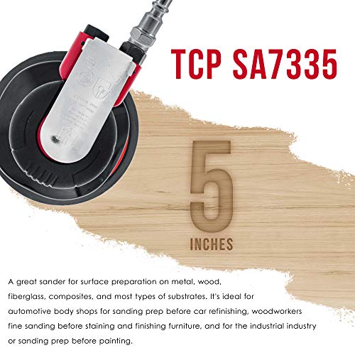 TCP Global Professional Heavy Duty 5" Dual-Action Random Orbit Air Palm Sander with Both PSA and Hook & Loop Backing Pads - Orbital Pneumatic Sanding TCP Global