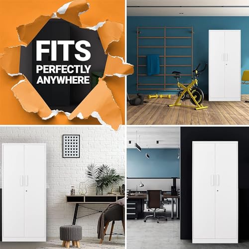 Fesbos Metal Storage Cabinet-71” Tall Steel File Cabinets with Lockable Doors and Adjustable Shelves-White Steel Storage Cabinet for Home, School, Fesbos