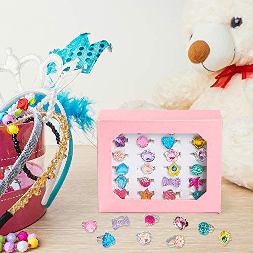 WATINC 24Pcs Adjustable Princess Pretend Jewelry Rings, Girl’s Jewelry Dress Up Play Toys, Rhinestone Gift Set in Box for Little Girls, No WATINC
