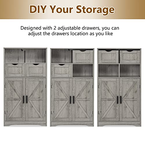 WEENFON Floor Storage Cabinet with 2 Adjustable Drawers & 2 Barn Doors, Standing Cupboard with 2 Shelf, for Living Room, Home Office, Kitchen, Grey WEENFON