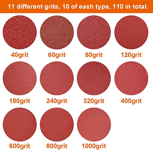 5-Inch Hook and Loop Sanding Discs for Random Orbital Sander, Assorted Sandpaper 40-1000 Grits, 110 PCS FRIMOONY