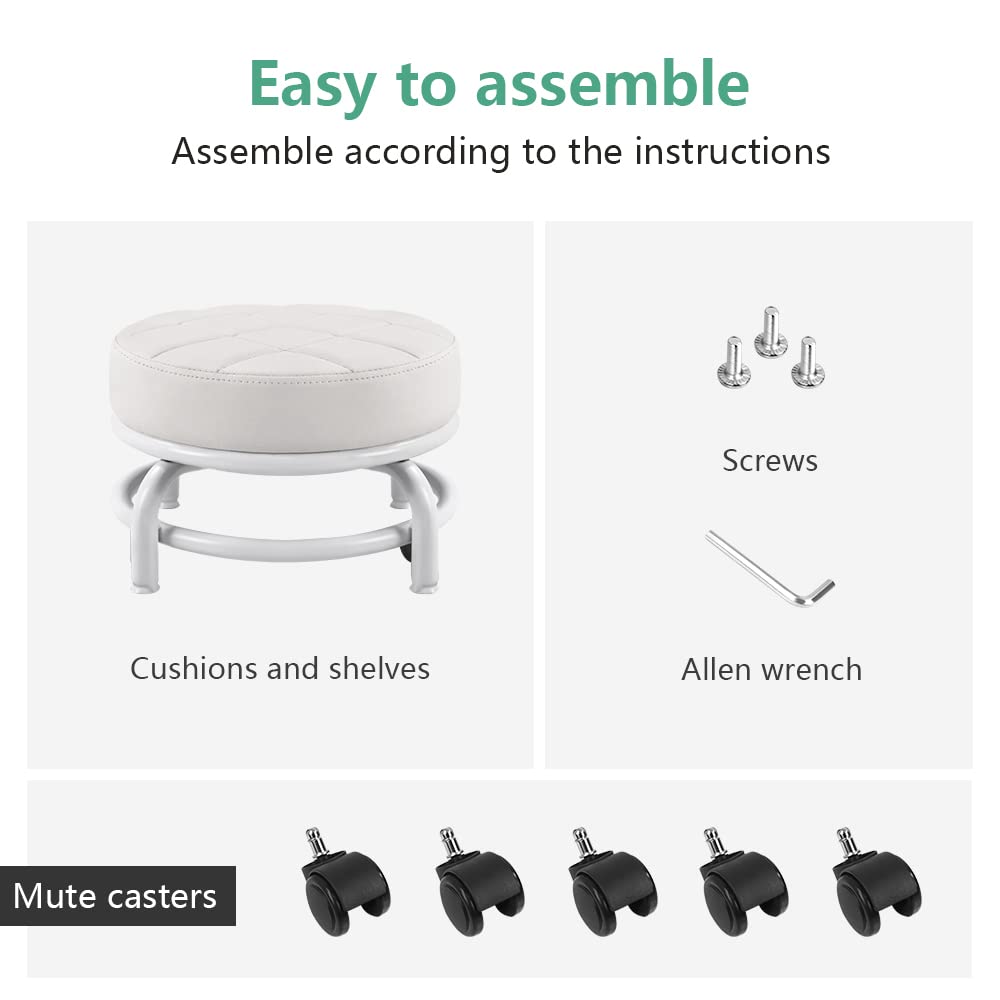 FURWOO Low Roller Seat PU Leather Rolling Stool Step Stool Mechanic Stool on Wheels for Home Office Garage Shop White FURWOO