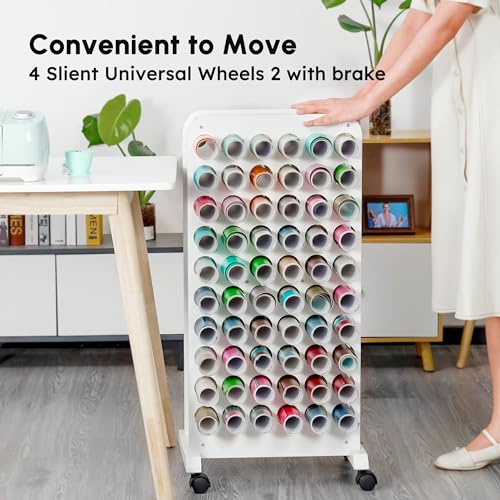 Crafit Mobile Vinyl Roll Holder, 60 Compartment Vinyl Storage Organizer with Locking Caster Wheels, Wooden Vinyl Roll Storage Cart Rack Craft Vinyl Crafit