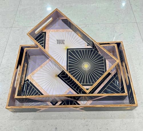 Wooden Serving Tray with Handles - Three Piece Nested Breakfast Tray - Wood Crafts Trays for Organizing | Bathroom Tray - Food Trays for Party Buffet THOR INSTRUMENTS