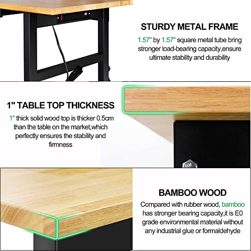 59" Bamboo Wood Garage Workbench w/Power Outlets & Drawer,Adjustable Height 25.4"-35.2",Multifunctional Workstation on Wheels 2000 Lbs Commercial RELIANCER