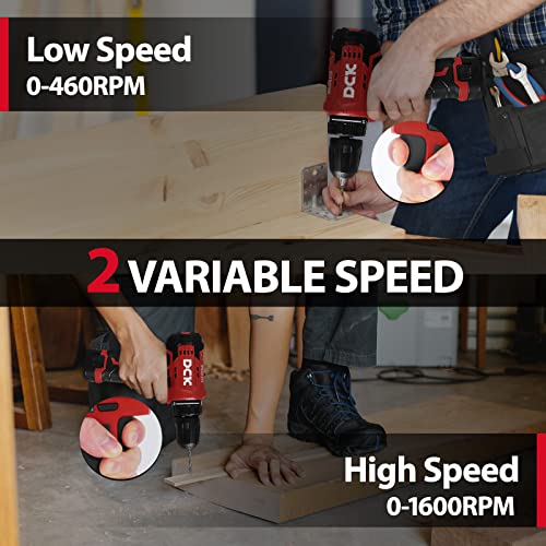 DCK Brushless Drill Set, 310 in.lbs,12V Max Cordless Drill with 2.0Ah Battery, 3/8’’ Keyless Chuck, 2 Variable Speeds, 20+1 Torque Power Tool Kit for DCK