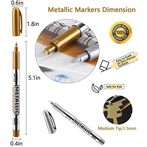 LOONENG Gold and Silver Metallic Markers, Fine Point Gold and Silver Metallic Marker Pens for Adult Coloring, Black Paper, Scrapbooking, Fabric, LOONENG