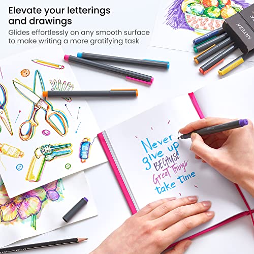 ARTEZA Felt Tip Pens, Set of 12 Bright Brush Tip Calligraphy Pens for Note Taking, Sketching, Cross-Hatching, and Outlining, Dye-Based Ink, ARTEZA