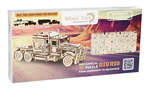 Wood Trick Big Rig Mechanical Toy Truck - 14x6″ - Powerful Rubber Band Motor - Realistic Semi Truck Wooden Model Kit for Adults and Kids - 3D Wooden Wood Trick