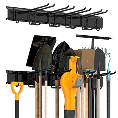 Sttoraboks Garage Tool Storage Rack, Heavy Duty Garage Storage Organizer Rack System Wall Mounted Tool with 6 double hooks, 2 rails, Garden Yard