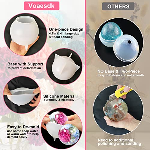 Voaesdk 2Pcs Large Sphere Resin Molds,4.7'' & 4'' Crystal Ball Silicone Resin Molds for Flowers Preservation,Seamless Orb Epoxy Resin Molds for DIY Voaesdk