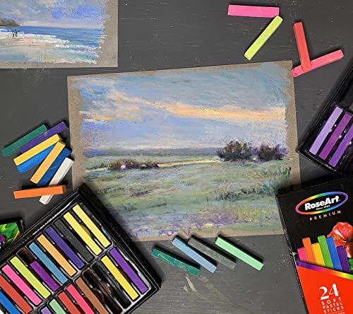 RoseArt Premium 24ct Long Soft Pastel Stick Set for Professionals - Pigment Rich, Full Size Pastel Sticks Vivid Colors RoseArt