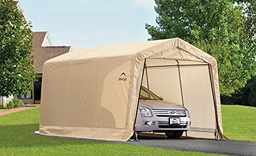 ShelterLogic 10' x 15' x 8' Peak Style Roof Instant Garage Carport Car Canopy with Steel Frame and Waterproof UV-Treated Cover, Sandstone ShelterLogic