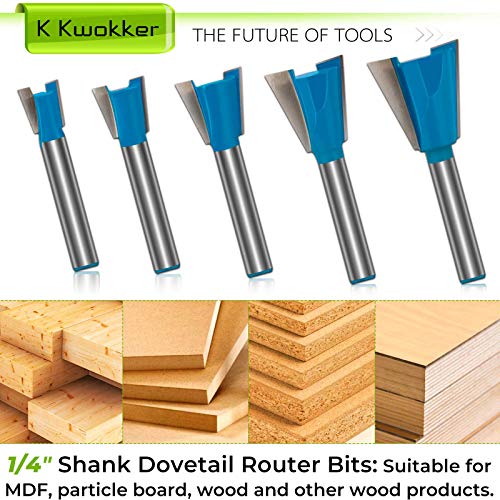 K Kwokker Dovetail Router Bit 1/4 Shank, Dovetail Jig for Router, 1/2" 3/4" 3/8" 5/8" 7/8" Dia Wood Milling Cutter Tool for The Construction of Boxes K Kwokker