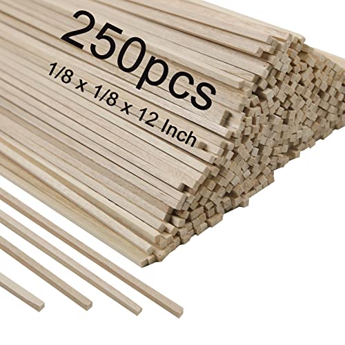 250 Pcs Balsa Wood Sticks 1/8 x 1/8 x 12 inch Balsa Wood Strips Hardwood Square Dowels Balsa Wood Dowels Unfinished Wooden Strips for Craft DIY