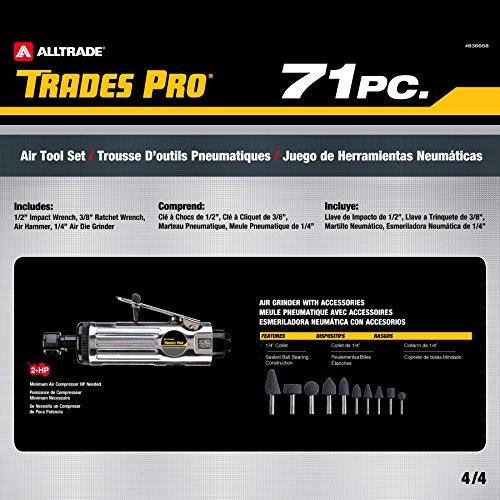 Trades Pro Air Tool and Accessories Kit, 71 Piece, Impact Wrench, Air Ratchet, Die Grinder, Aire Hammer, Hose Fittings, Storage Case - 836668 Tradespro