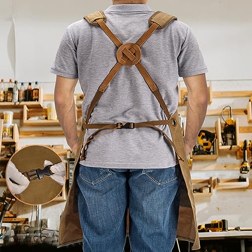 Work Apron with Tool Pockets - Heavy Duty Shop Apron for Woodworkers, Mechanics, Blacksmiths, Carpenters - M-XXL (Brown) Hamks