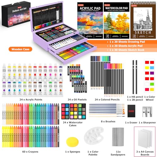 Soucolor Art Supplies, 192-Pack Deluxe Art Set Drawing Painting Supplies Art Kit with Acrylic Pad, Watercolor Pad, Sketch Book, Canvases, Acrylic Soucolor