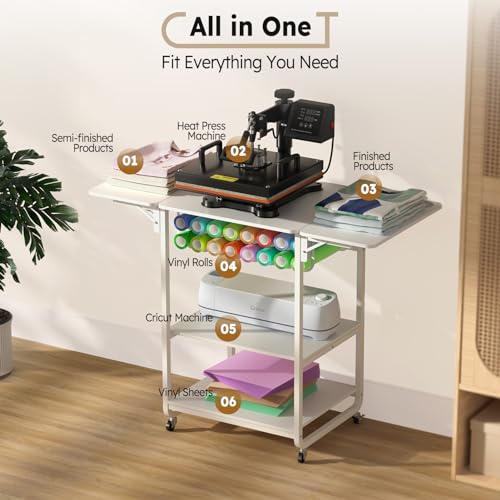 Crafit 3 Tier Movable Heat Press Table, Foldable Heat Transfer Machine Stand with Vinyl Roll Holder, Heavy Duty Rolling Metal Workbench for DIY Crafit