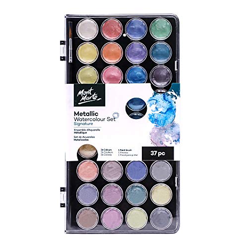 MONT MARTE Signature Metallic Watercolor Set, 37 Piece Pearl Paint, 36 Vibrant Colors, 1 Paint Brush MONT MARTE